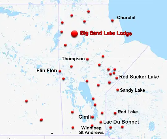 Map showing the location of Big Sand Lake Lodge in Manitoba